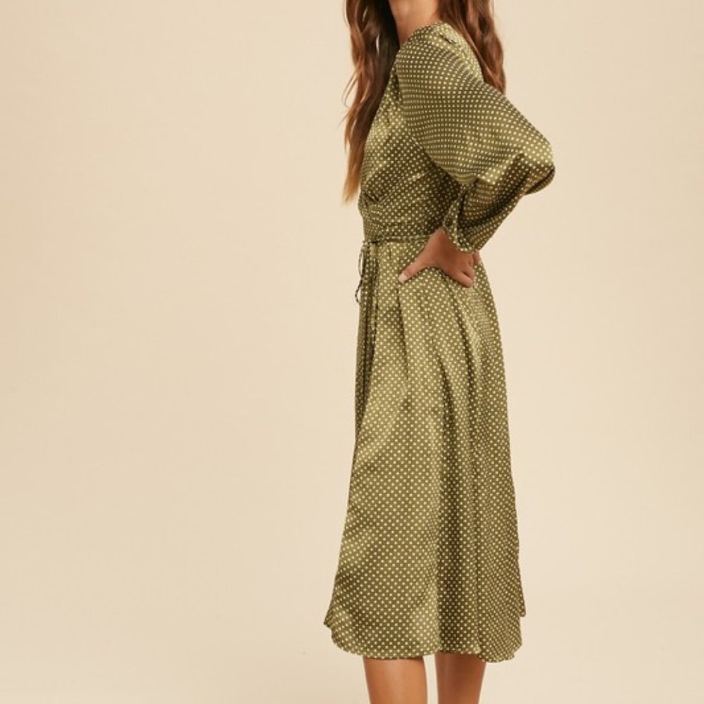 NWT Olive Satin Polka Dot Wrap Dress - Picture 3 of 5